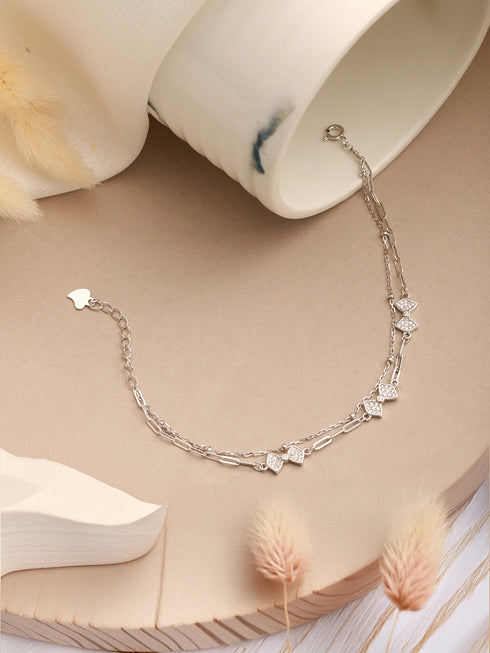 925 Sterling Silver Zircon Studded Bow Multilayered Minimal Wraparound Adjustable Bracelet
