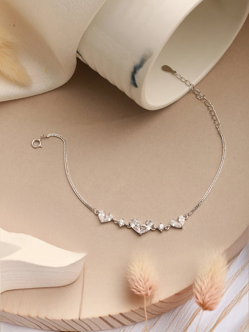 925 Sterling Silver Zircon Studded Heart Shaped Tennis Minimal Wraparound Bracelet