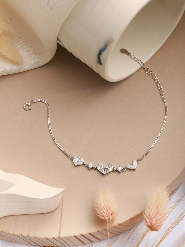 925 Sterling Silver Zircon Studded Heart Shaped Tennis Minimal Wraparound Bracelet