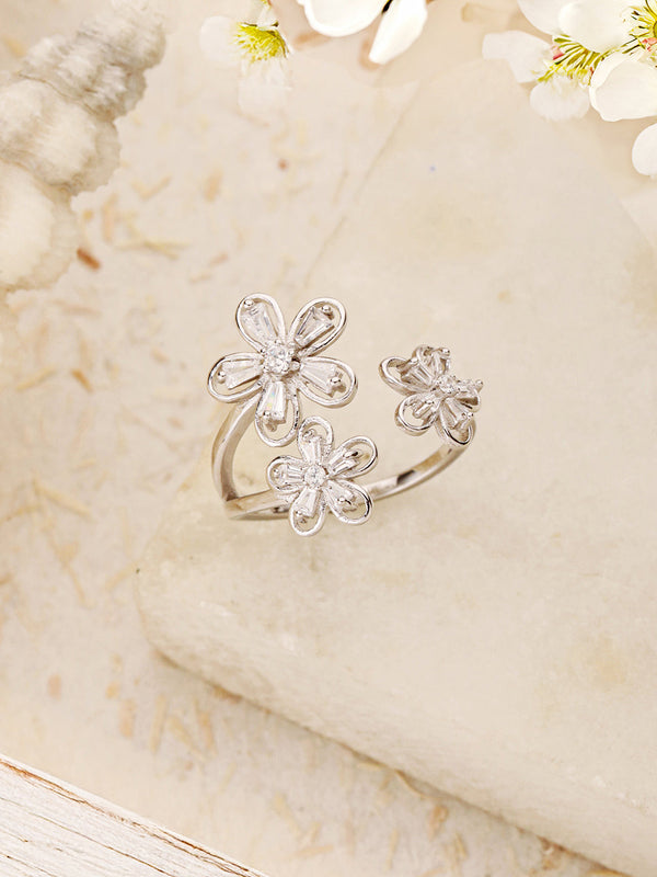 925 Sterling Silver AD Studded Garden Flowers Proposal Adjustable Finger Rings