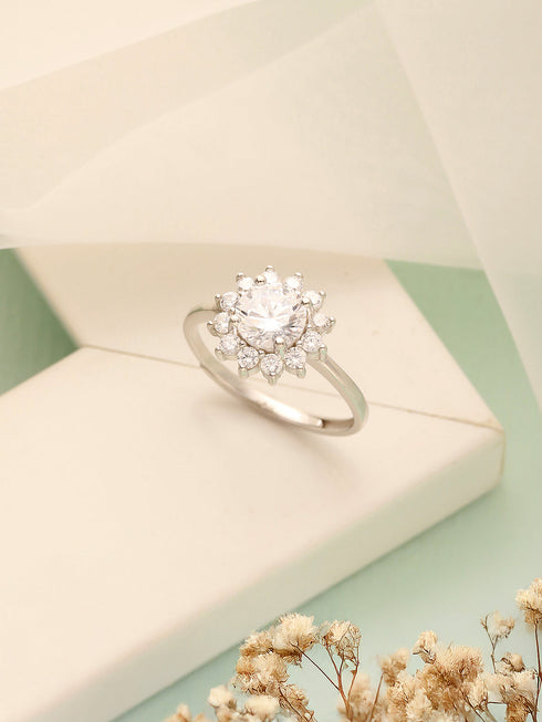 925 Sterling Silver Zircon Studded Floral Engament Minimal Adjustable Finger Ring