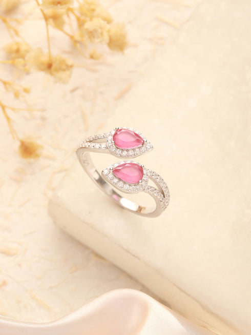 925 Sterling Silver Rhodium Plated Pink AD Studded Contemporary Adjustable Finger Ring For Her