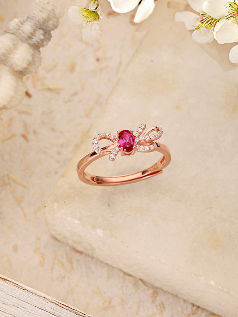 925 Sterling Silver Red Ruby Studded Rose gold Plated Cherry Bow Adjustable Finger Ring