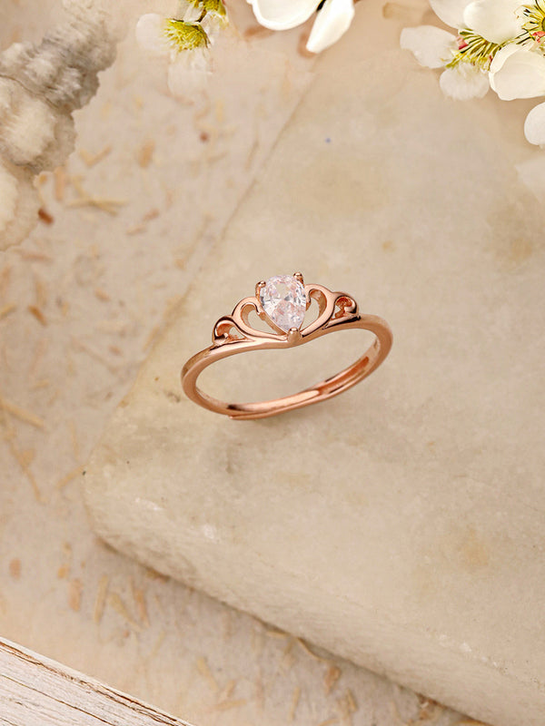 925 Sterling Silver Rose Gold Plated AD Studded Minimal Crown Finger Ring