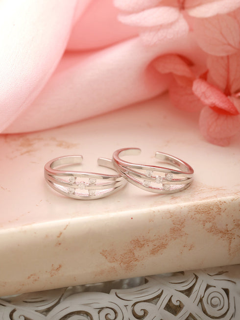 925 Sterling Silver Rhodium Plated Zircon Studded Symetric Contemporary Adjustable Pair of Toe Ring
