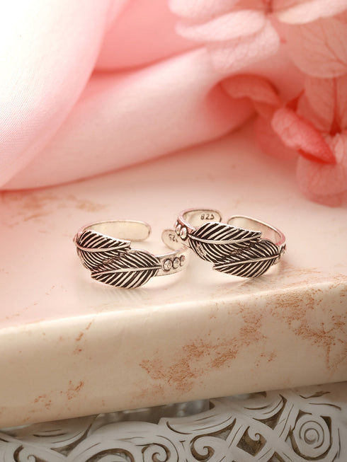 925 Sterling Silver Oxidised Dual Leaf Minima Adjustable Pair Of Toe Ring