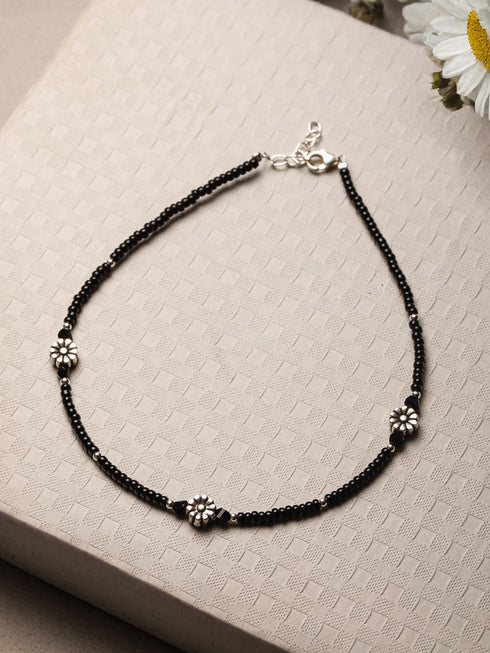 925 Sterling Silver Oxidised Charms Black Beads Flower Minimal Dailywear Anklet