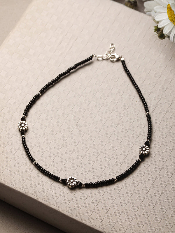 925 Sterling Silver Oxidised Charms Black Beads Flower Minimal Dailywear Anklet