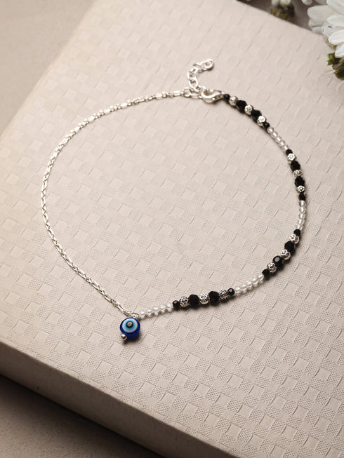 925 Sterling Silver Black Beads Trendy Minimal Evil Eye Charm Anklet