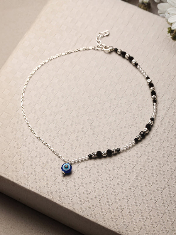 925 Sterling Silver Black Beads Trendy Minimal Evil Eye Charm Anklet