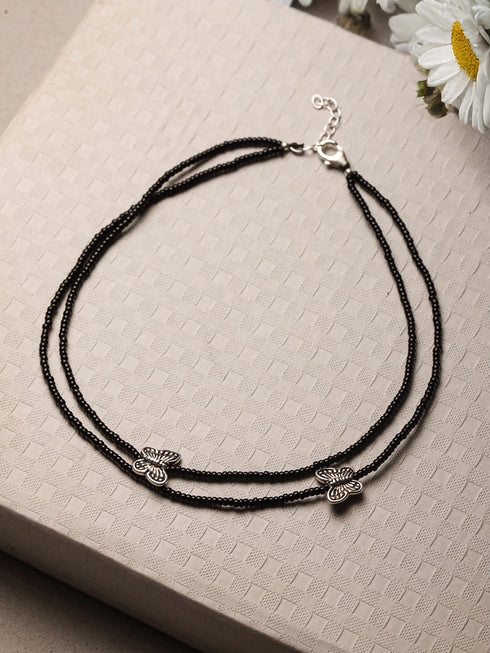 925 Sterling Silver Black Beads Butterfly Charms Payal Anklet