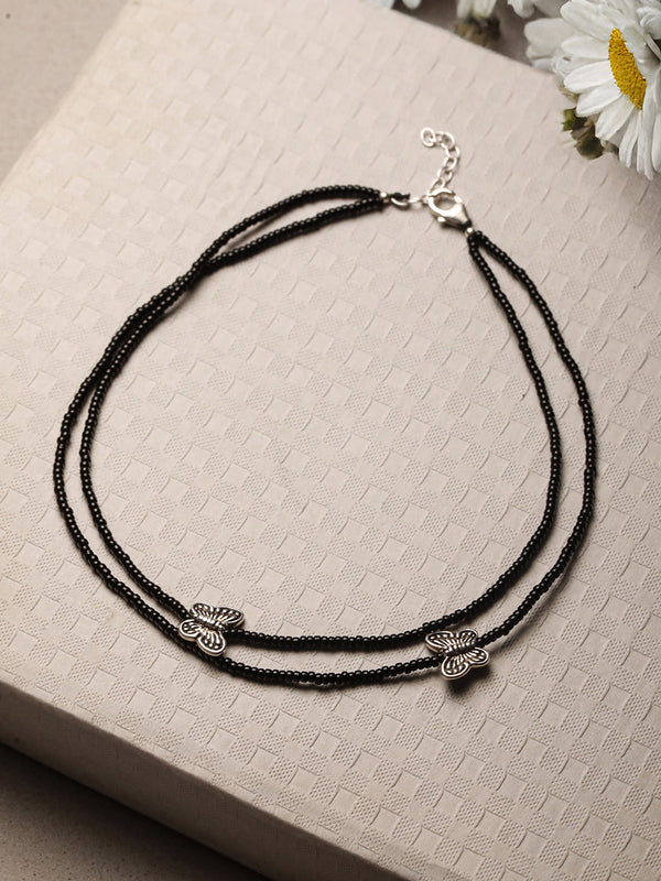 925 Sterling Silver Black Beads Butterfly Charms Payal Anklet