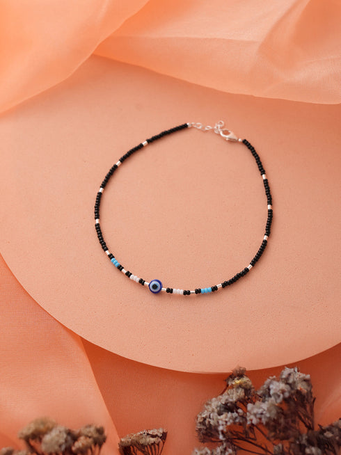 925 Sterling Silver Silver & Black Beads Evil Eye Charms Delicate Payal Anklet