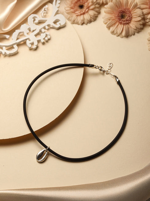 925 Sterling SilverRhodium Silver Seashell Black Thread Minimal Anklet