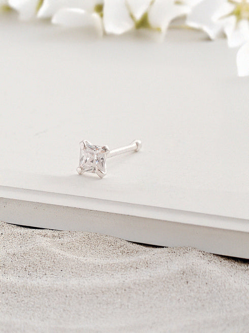 925 Sterling Silver Princess Cut AD Solitaire Single Studds Shiny Nose Pin