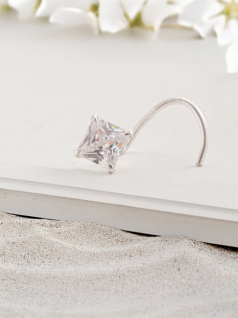 925 Sterling Silver Princess Cut AD Square Solitaire Studd Nose Ring