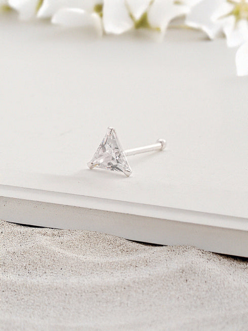 925 Sterling Silver Triangle Shaped AD Embellished Solitaire Shiny Nose Pin