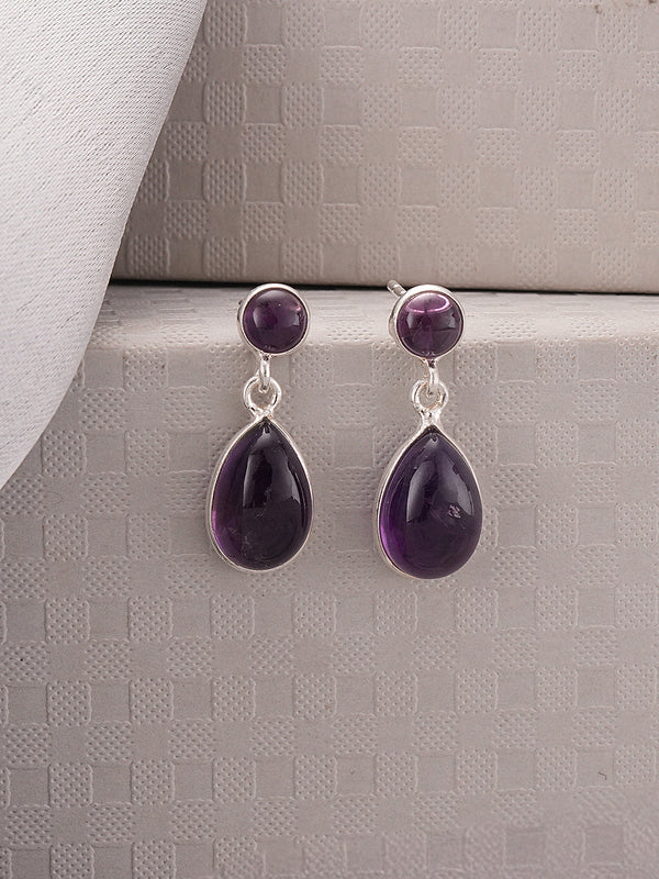 925 Sterling Silver Rhodium Natural Amethyst Gemstone Minimal Handcrafted Drop Earrings