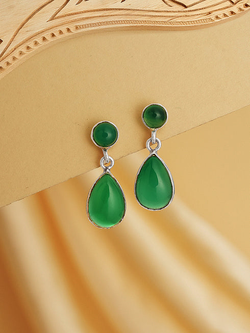 925 Sterling Silver Green Onyx Stone Studded Minimal Boho Chic Drop Earrings