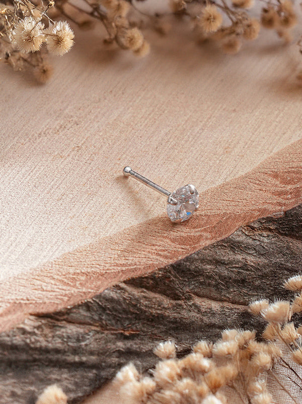 925 Sterling Silver Round AD Embellished Solitaire Shiny Nose Pin