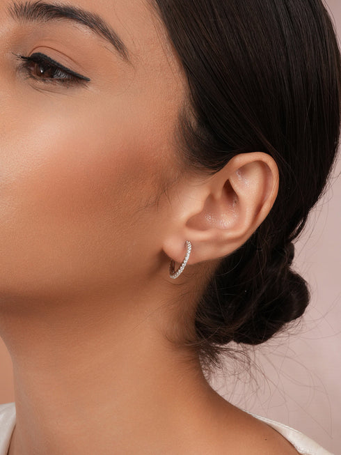 925 Sterling Silver Rhodium Plated CZ Studded Classic Hoop Earrings