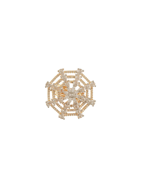 Gold Plated Zircon Studded 3 D Effect Adjustable Cocktail Finger Ring