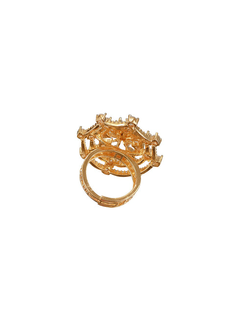 Gold Plated Zircon Studded 3 D Effect Adjustable Cocktail Finger Ring