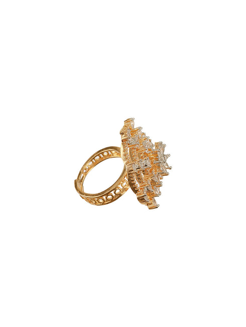Gold Plated Zircon Studded 3 D Effect Adjustable Cocktail Finger Ring