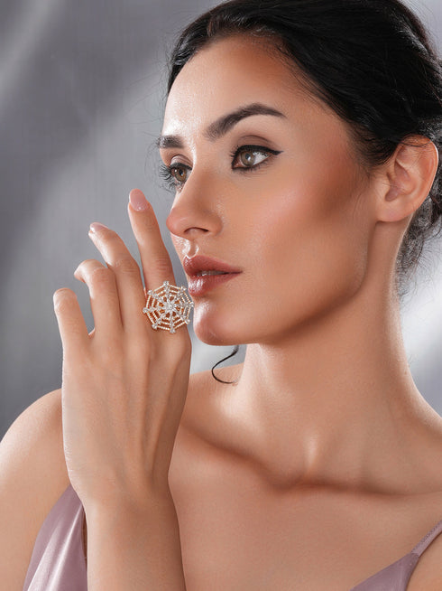 Gold Plated Zircon Studded 3 D Effect Adjustable Cocktail Finger Ring