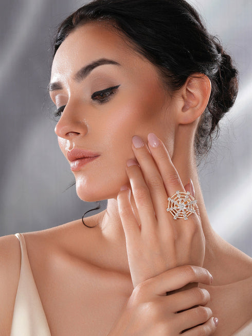 Gold Plated Zircon Studded 3 D Effect Adjustable Cocktail Finger Ring