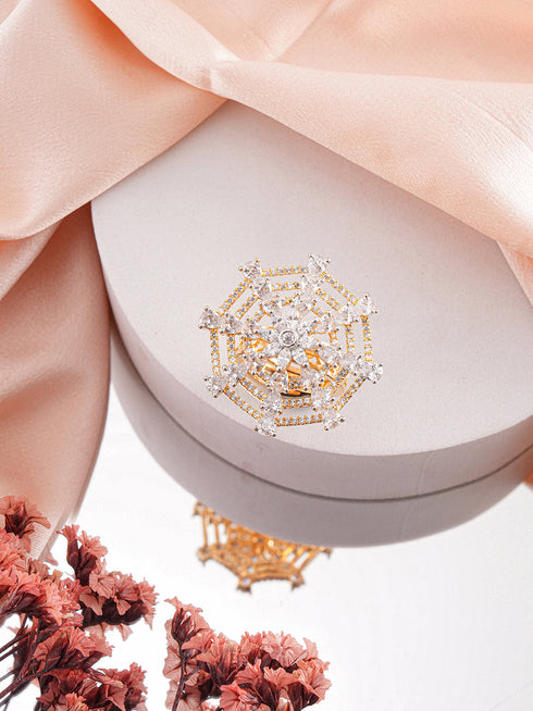 Gold Plated Zircon Studded 3 D Effect Adjustable Cocktail Finger Ring