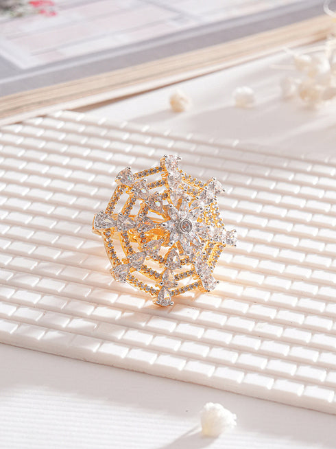Gold Plated Zircon Studded 3 D Effect Adjustable Cocktail Finger Ring