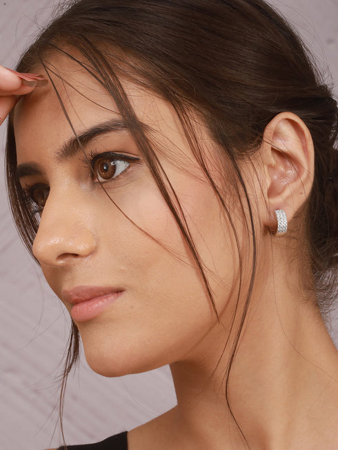 925 Sterling Silver Rhodium Plated CZ Studded Small Hoop Earrings