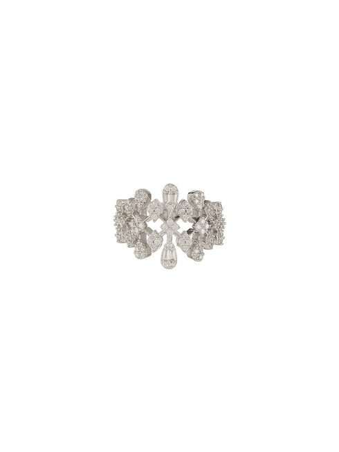 White Rhodium Plated Marquise Shaped Zircon Studded Floral Designer Cocktail Anniversary Finger Ring