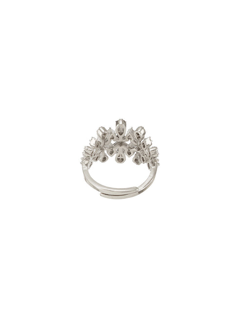 White Rhodium Plated Marquise Shaped Zircon Studded Floral Designer Cocktail Anniversary Finger Ring