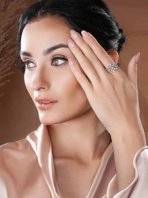 White Rhodium Plated Marquise Shaped Zircon Studded Floral Designer Cocktail Anniversary Finger Ring