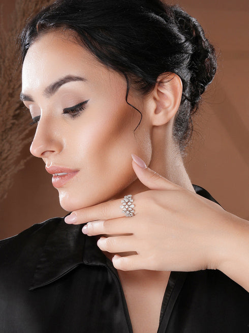 White Rhodium Plated Marquise Shaped Zircon Studded Floral Designer Cocktail Anniversary Finger Ring