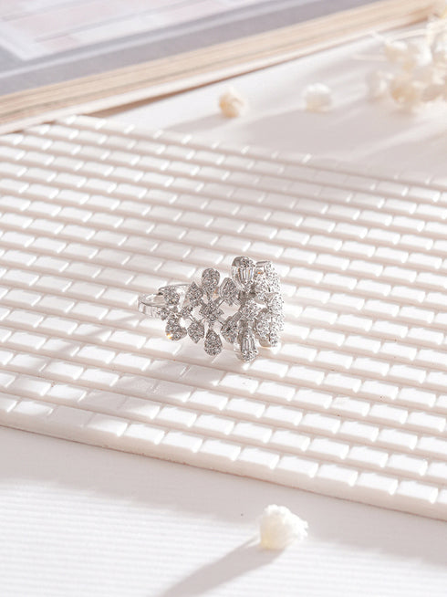 White Rhodium Plated Marquise Shaped Zircon Studded Floral Designer Cocktail Anniversary Finger Ring