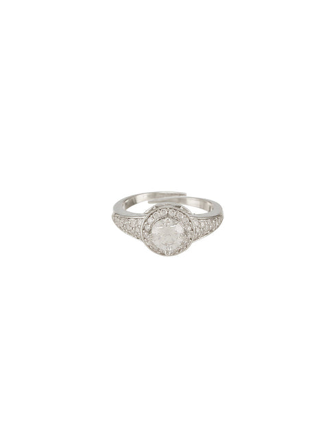 Silver Rhodium Plated White Round Cut Zircon Studded Adjustable Solitaire Engagement Propose Wedding Finger Ring