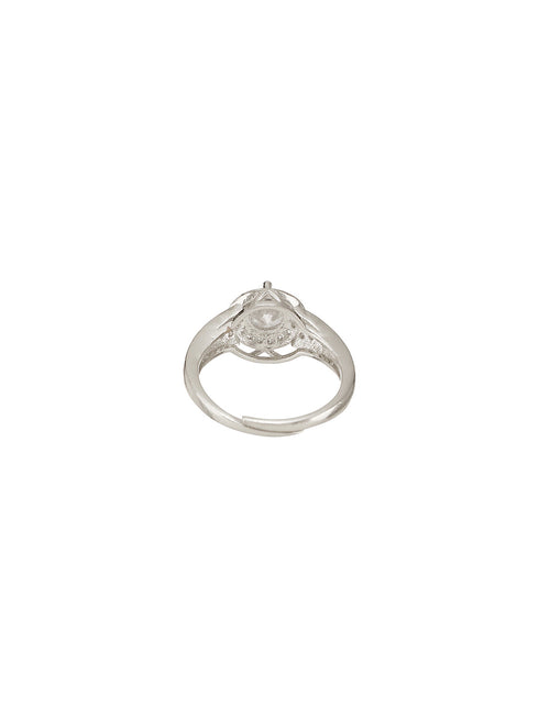 Silver Rhodium Plated White Round Cut Zircon Studded Adjustable Solitaire Engagement Propose Wedding Finger Ring