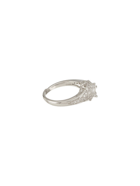 Silver Rhodium Plated White Round Cut Zircon Studded Adjustable Solitaire Engagement Propose Wedding Finger Ring
