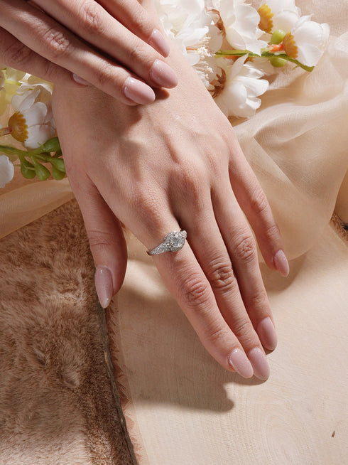 Silver Rhodium Plated White Round Cut Zircon Studded Adjustable Solitaire Engagement Propose Wedding Finger Ring