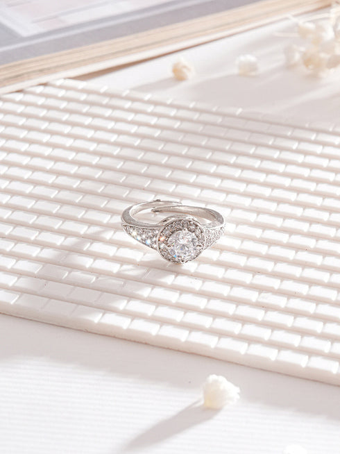 Silver Rhodium Plated White Round Cut Zircon Studded Adjustable Solitaire Engagement Propose Wedding Finger Ring