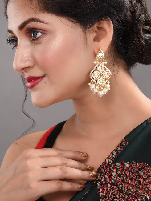 Gold Plated Kundan Studded & Pearl Beaded Square Drop Earrings