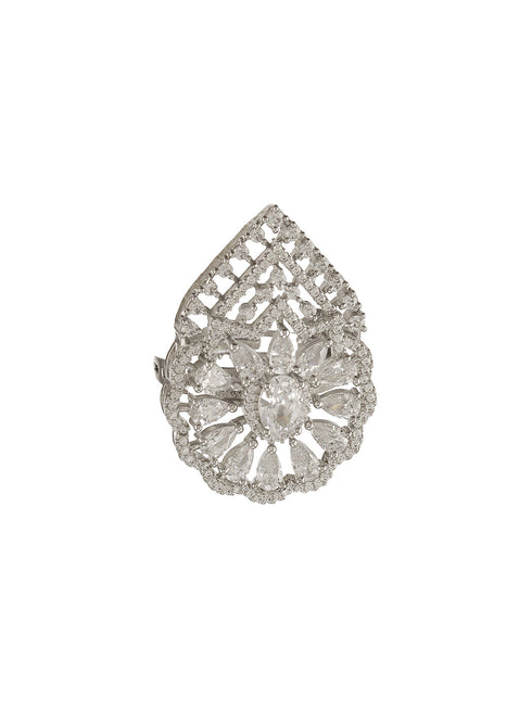 White Rhodium Toned Zircon Studded Adjustable Designer Cocktail Wedding Finger Ring