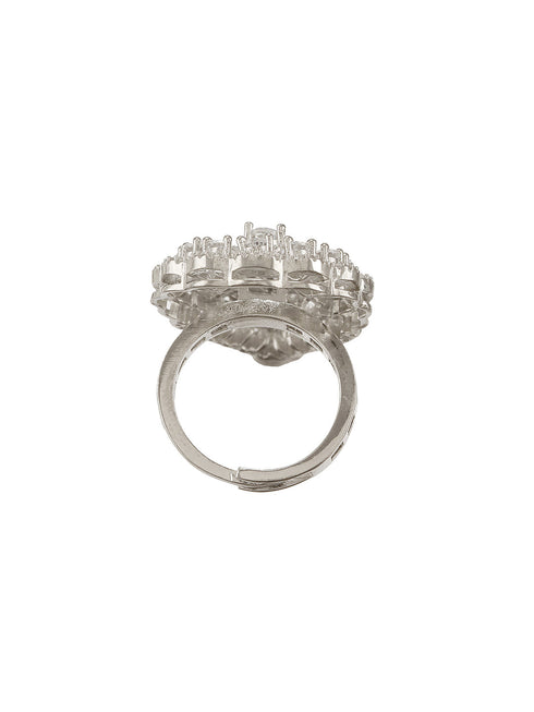 White Rhodium Toned Zircon Studded Adjustable Designer Cocktail Wedding Finger Ring