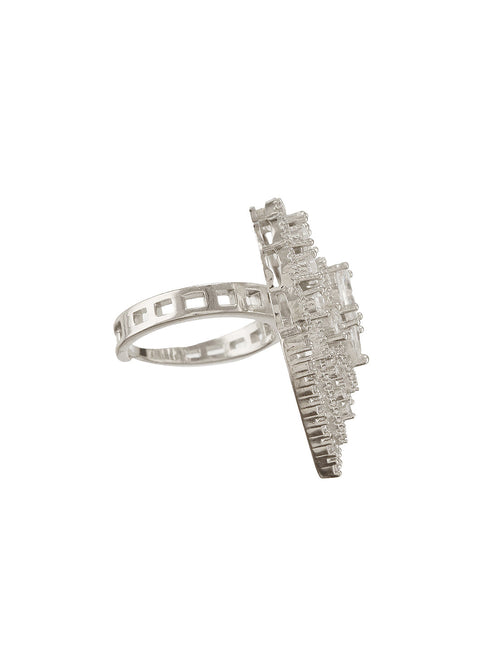 White Rhodium Toned Zircon Studded Adjustable Designer Cocktail Wedding Finger Ring