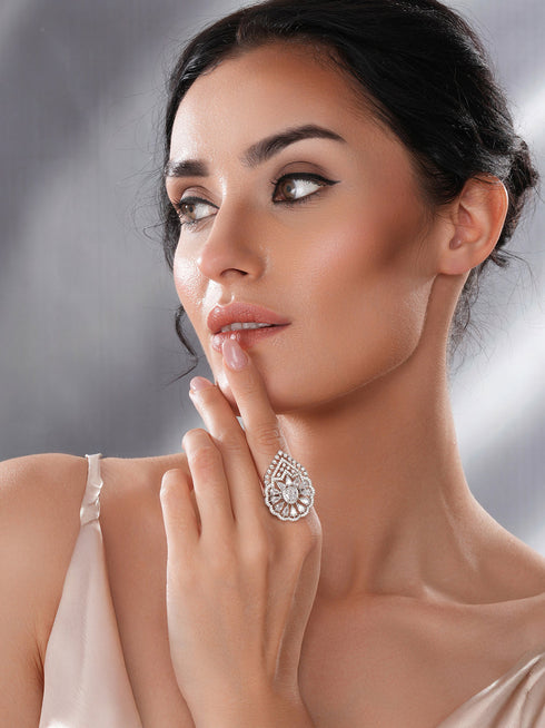 White Rhodium Toned Zircon Studded Adjustable Designer Cocktail Wedding Finger Ring