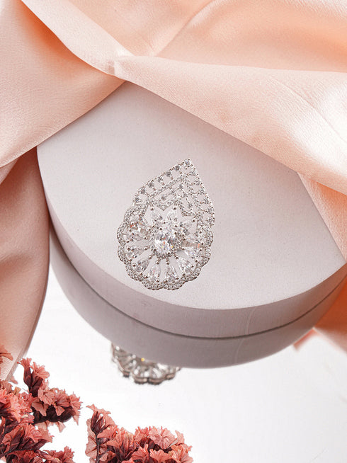 White Rhodium Toned Zircon Studded Adjustable Designer Cocktail Wedding Finger Ring