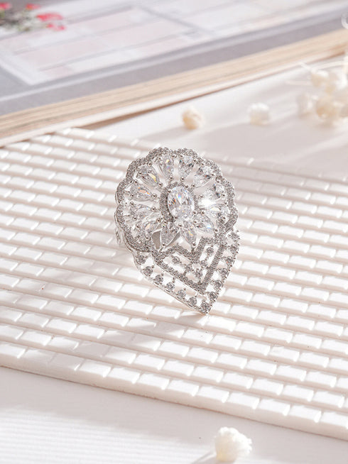 White Rhodium Toned Zircon Studded Adjustable Designer Cocktail Wedding Finger Ring